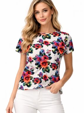 Felicity &Coco Floral Crewneck Short Sleeve Top in White Multicolor ( Size:xs)